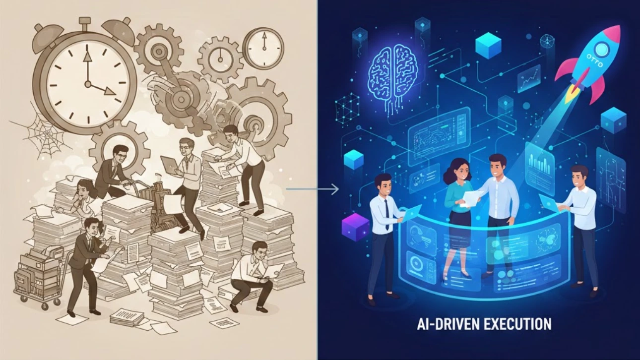 Illustration comparing traditional SEO services filled with manual tasks and delays to OTTO SEO Implementor Services using AI-driven execution and automated workflows.