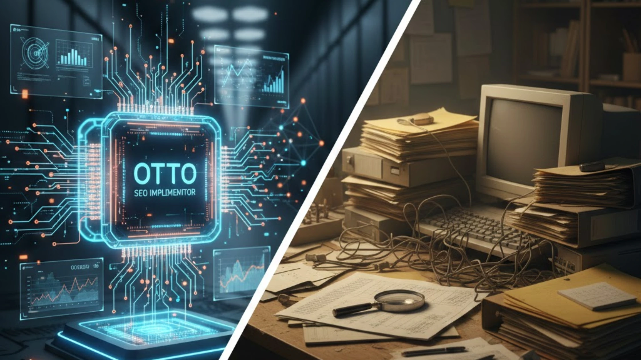 Side-by-side comparison of advanced OTTO SEO technology and outdated manual SEO tools, highlighting the shift from old processes to modern AI-driven execution.