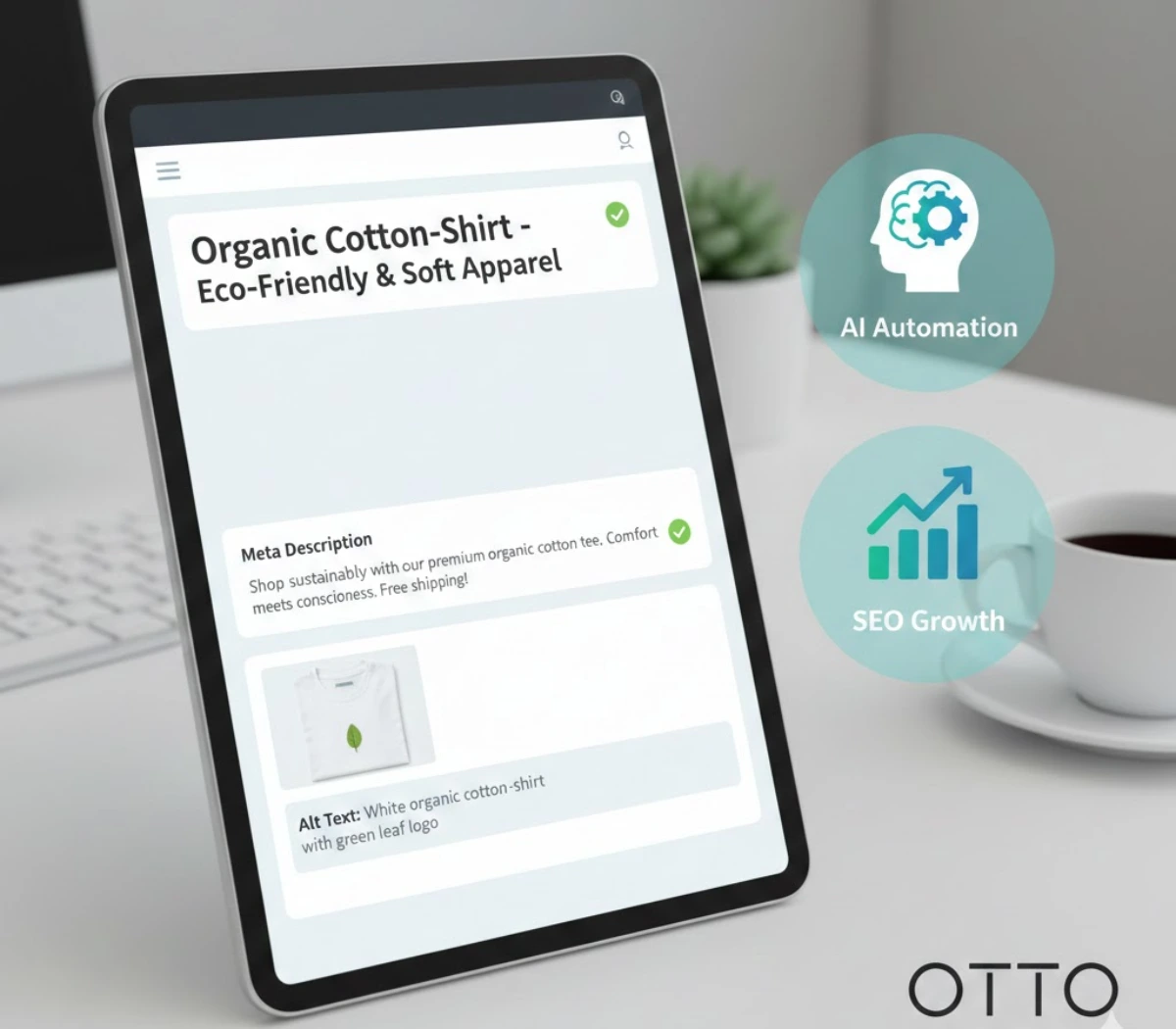 Tablet displaying SEO content optimization interface with product title, meta description, alt text preview, and AI automation and SEO growth icons