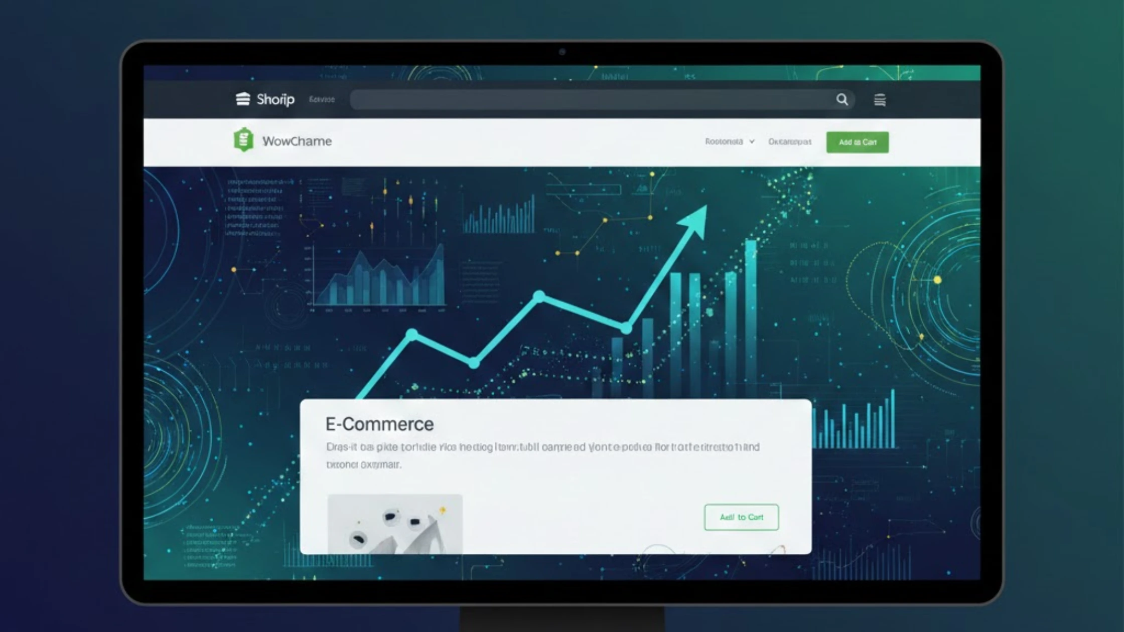 E-commerce website interface on desktop screen showing sales growth charts, analytics data, and online shopping dashboard