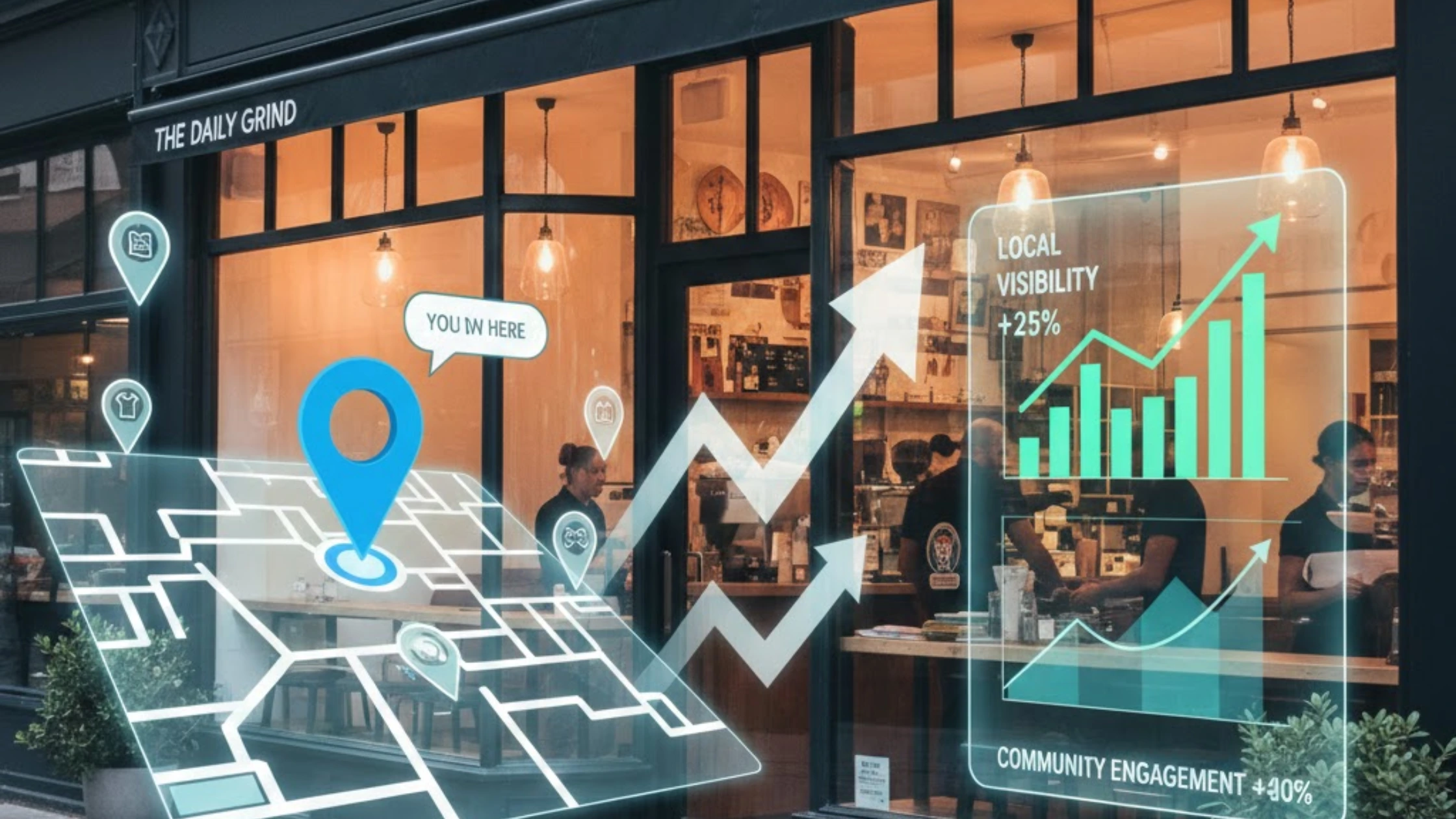 Local coffee shop storefront with digital map pins and growth charts illustrating increased local visibility and community engagement through local SEO