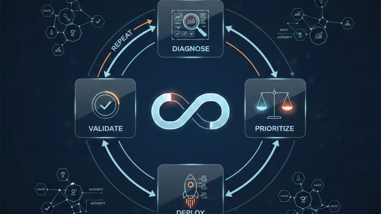 Diagram illustrating the continuous optimization loop with four stages—Diagnose, Prioritize, Deploy, and Validate—connected in a circular workflow around an infinity symbol.