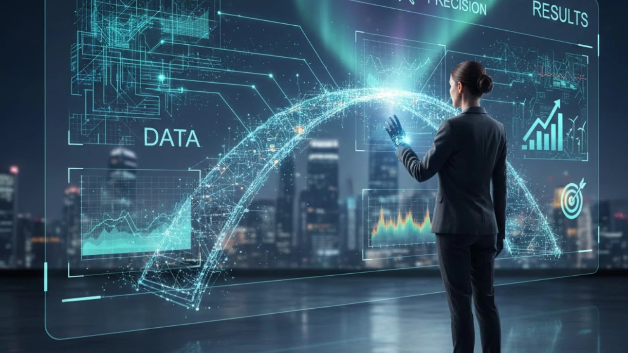 Business professional interacting with a futuristic AI data interface, visualizing analytics, insights, and performance metrics across a digital arc.