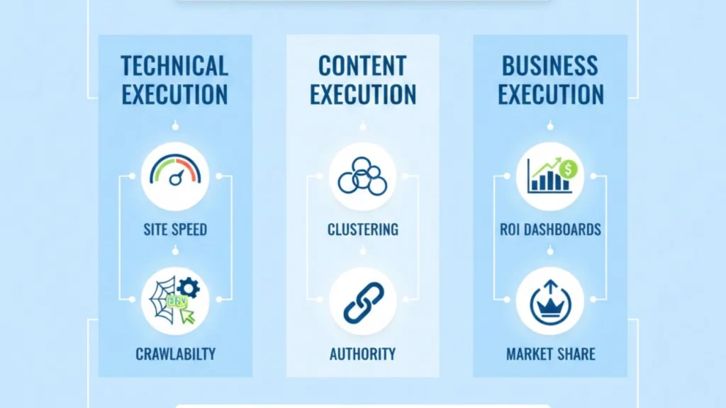 Graphic showing technical execution, content execution, and business execution pillars, highlighting site speed, crawlability, clustering, authority, ROI dashboards, and market share.