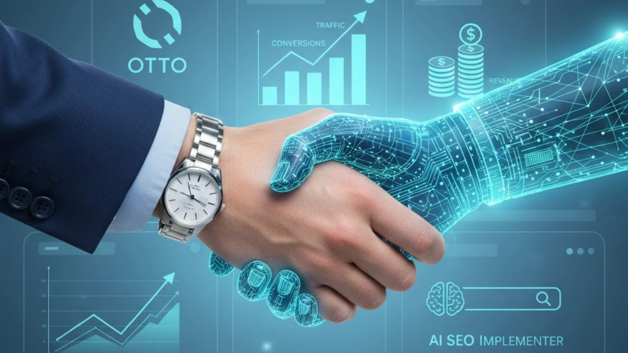 Businessperson shaking hands with a digital AI arm, symbolizing OTTO SEO implementer services, improved traffic, conversions, and revenue growth