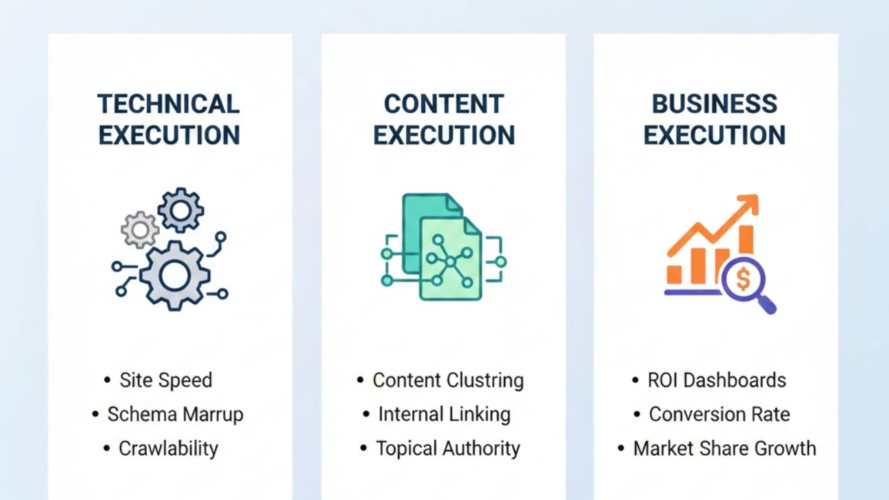 Graphic outlining technical execution, content execution, and business execution, highlighting tasks like site speed, schema, clustering, internal linking, ROI, and market share growth.