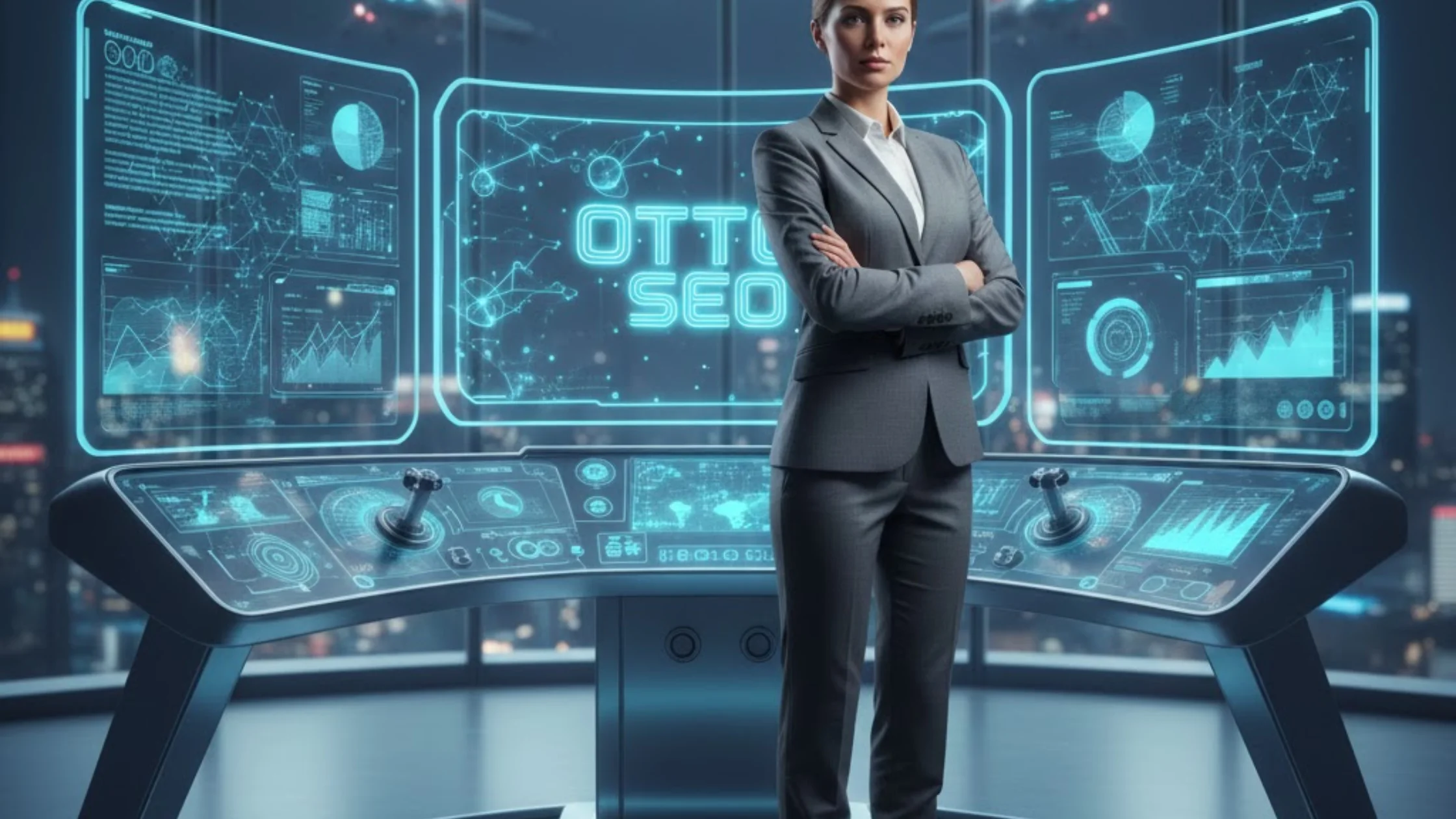 Professional standing before a futuristic control panel displaying SEO analytics and performance data.