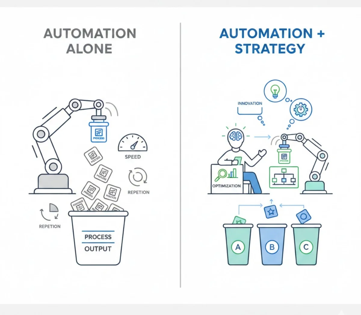 Automation alone repeats tasks; automation with strategy adds human insight to optimize results.